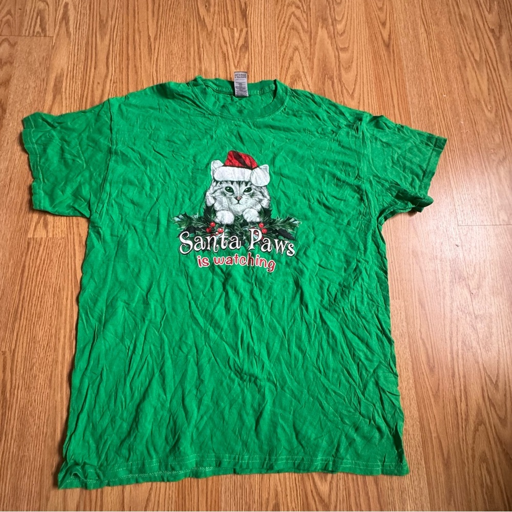 Men’s Green Santa Paws Cat T-Shirt L